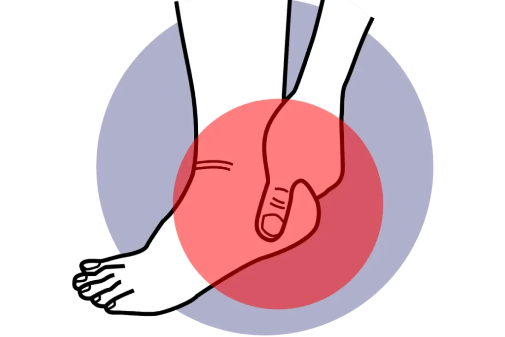 Foot injury: hand holding sore ankle, highlighted in red.
