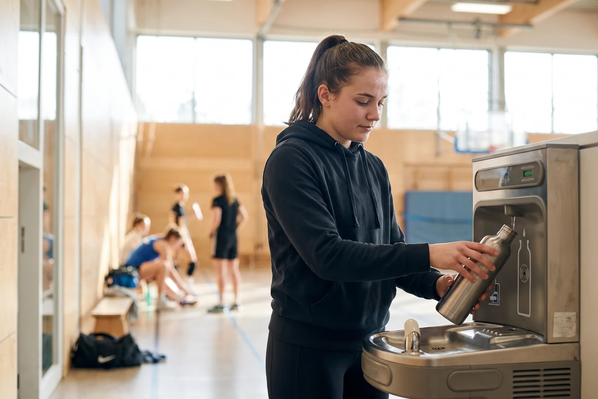 Athlete refilling a reusable water bottle during a training break